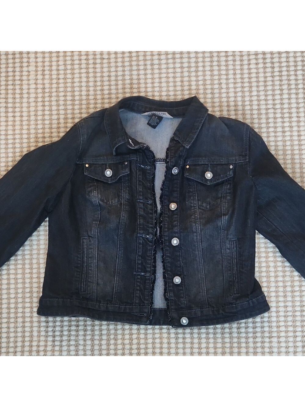 Baccini Charcoal Denim Ruffle Detailed  Jacket W White Crystal Buttons Bikercore